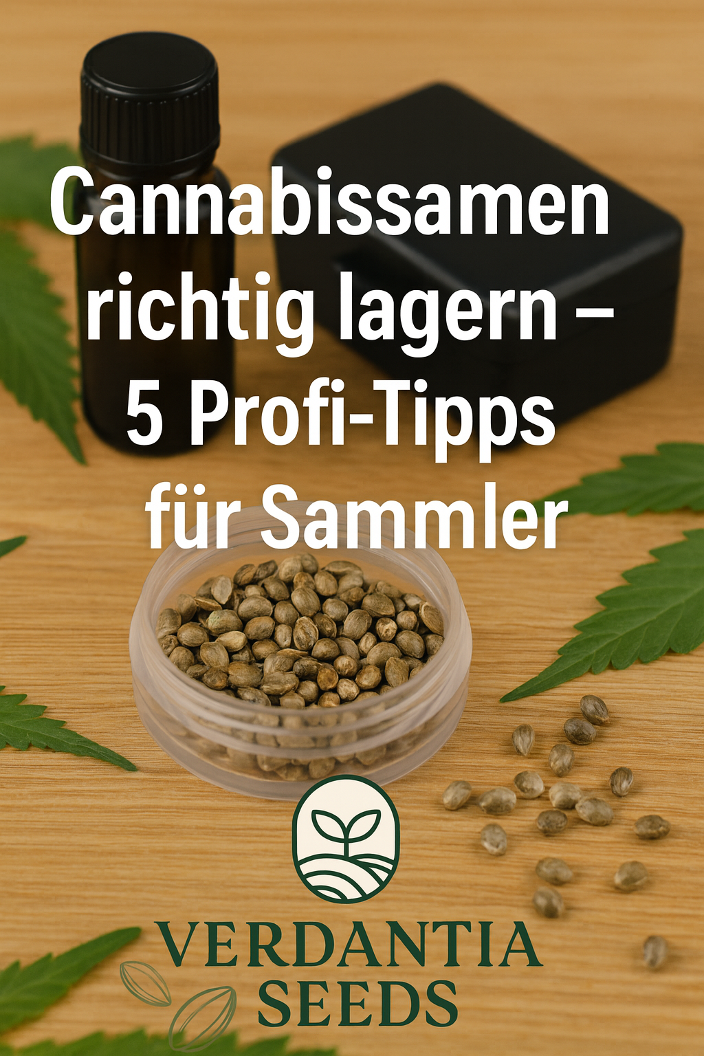 Blogcover mit Cannabissamen in einer transparenten Dose, dunkler Glasflasche, schwarzer Aufbewahrungsbox und grünen Blättern auf Holzuntergrund. Weißer Titeltext ‚Cannabissamen richtig lagern – 5 Profi-Tipps für Sammler‘, unten das Verdantia Seeds Logo.